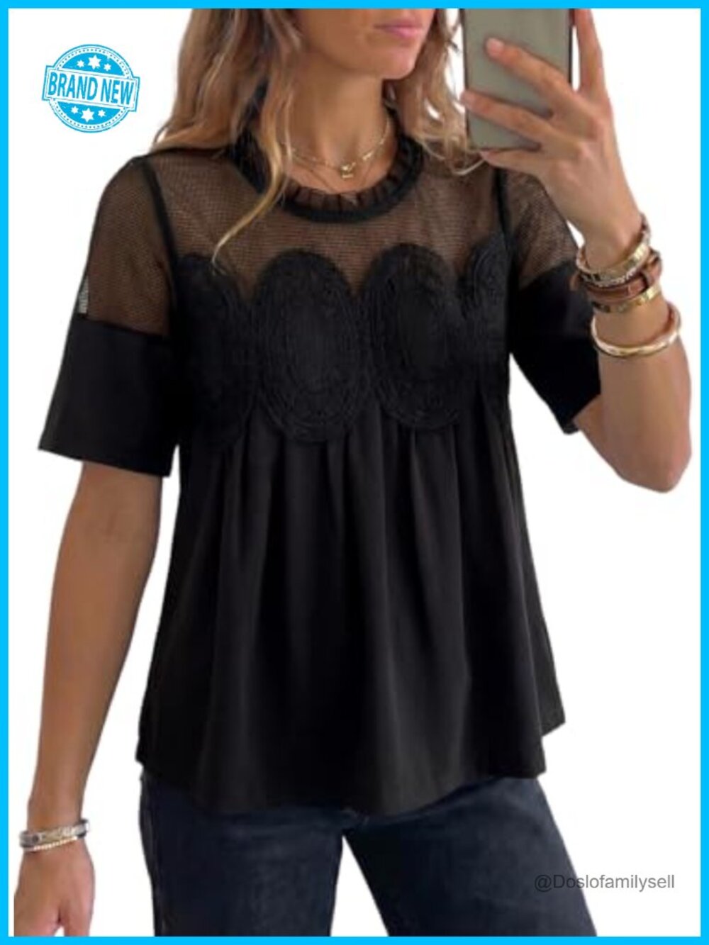 Lace Mesh Blouse Flared Short Sleeve Embroidered Shirt